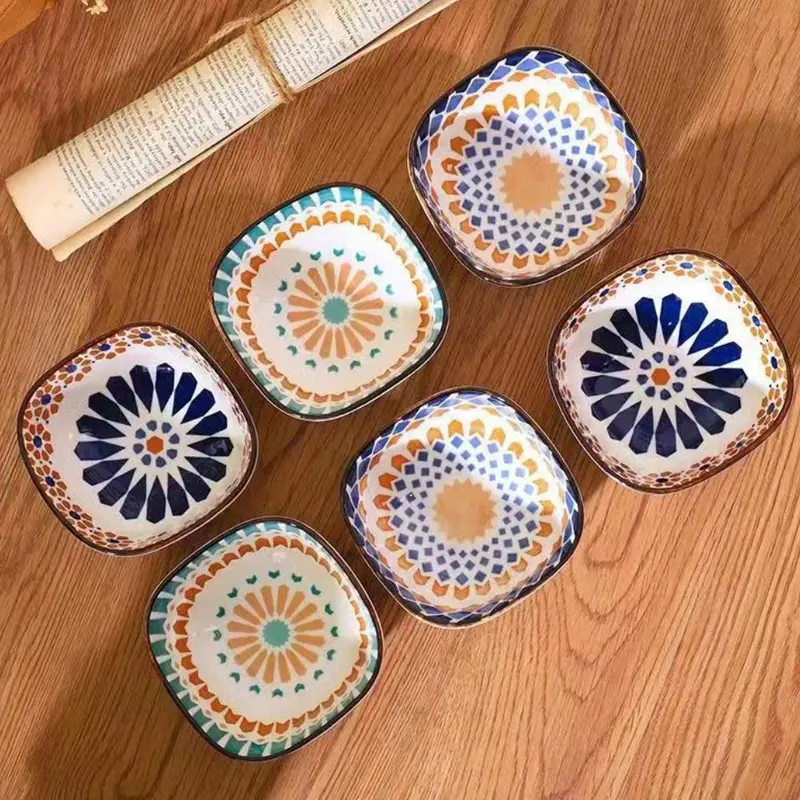 Ceramic Dipping Bowl Set, 3/6 Counts Creative Boho Style Sauce Bowl with Wooden Tray, Kitchen Tableware for Home Dining Room Picnic 7