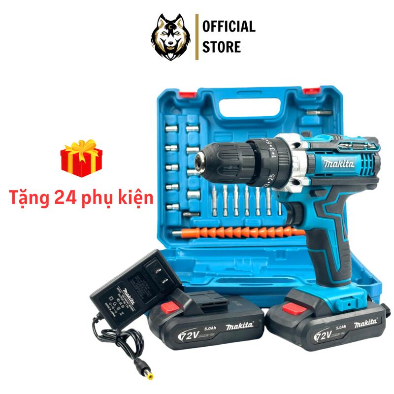 Máy khoan pin cầm tay Makita 72v, máy bắn vít 3 chức năng khoan tường, bắn vít, khoan sắt tặng phụ kiện 24 chi tiết