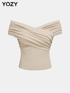 Yozy Plain Criss Cross Ruched Tee, Women's Casual Butterfly Sleeve Top, 2024 Women's Daily Wear for All Seasons