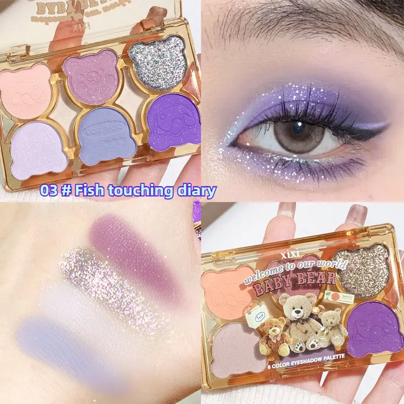 Makeup xixi migrant bear six-color eyeshadow, cold broken diamond powder purple and blue contrasting color imitation makeup smoky cut-off eye makeup
