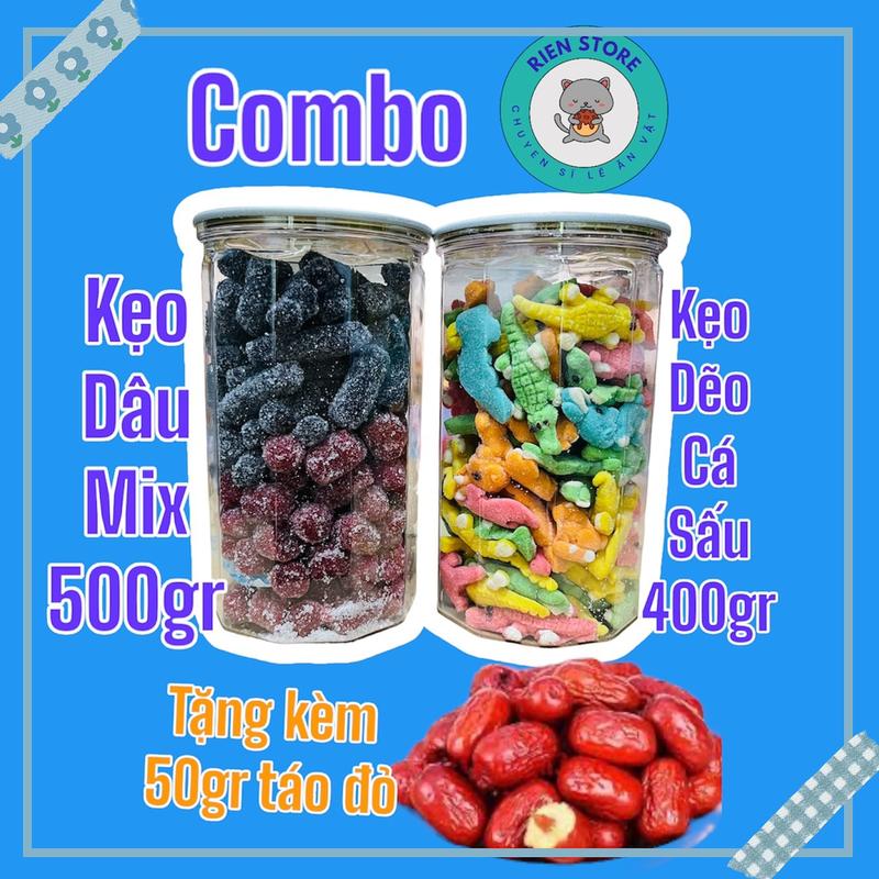 COMBO Kẹo Dâu 500gr & Kẹo Cá Sấu 400gr Ăn Vặt Viên Kẹo Candy Tặng 50gr Táo Đỏ - Riensrore - Snack Thức Ăn dẻo