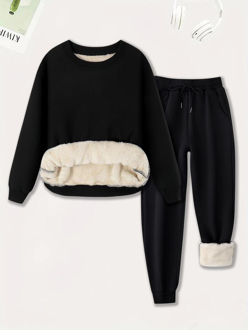 Product Introduction of Women's Plain Plush Lined Sweatshirt & Drawstring Waist Sweatpants Two-piece Set, Casual Round Neck Long Sleeve Pullover & Pocket Jogger Pants Co-ords Set, Women's  Tummy Flattering Two-piece Outfits for Winter 7