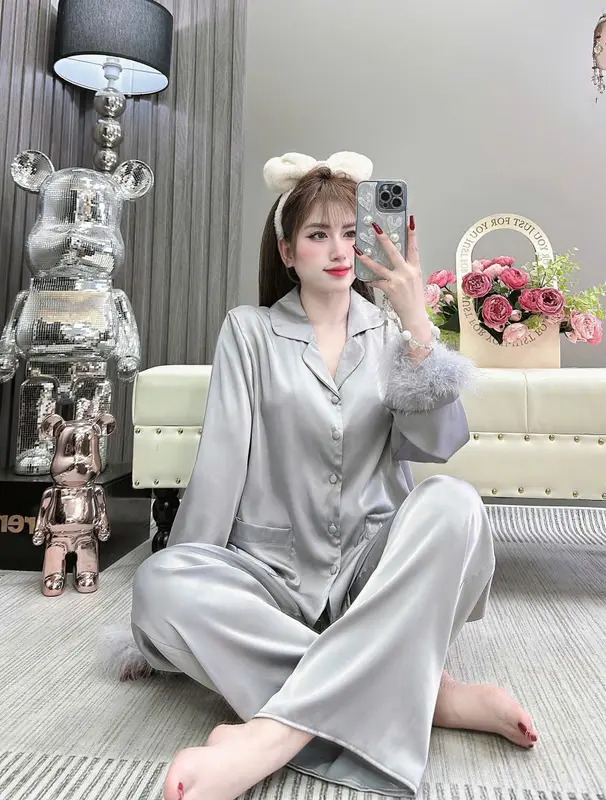 TAY LÔNG VŨ, (40-60Kg và 60-75Kg), Đồ Bộ Nữ, Tay Dài Quần Dài, In Họa Tiết Trơn Viền Tua Rua, Chấy Vải Lụa Mịn, Mềm, Mát 1