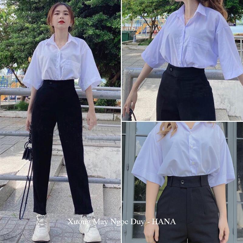 Quần Baggy Nữ Đi Học 1 Nút Cúc Lệch Giữa Khóa Kéo M50 M55 M50 Dáng Quần Tây Nữ Lưng Đáy Cao Vải Vitex Dày Mềm Co Giãn Nhẹ