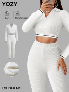 YOZY Two-Piece Set Women's Striped Print Crop Top & Elastic Waist Pants, Casual Long Sleeve Collared Top & High Waist Leggings for Spring & Fall, Women's Clothes for Daily Wear