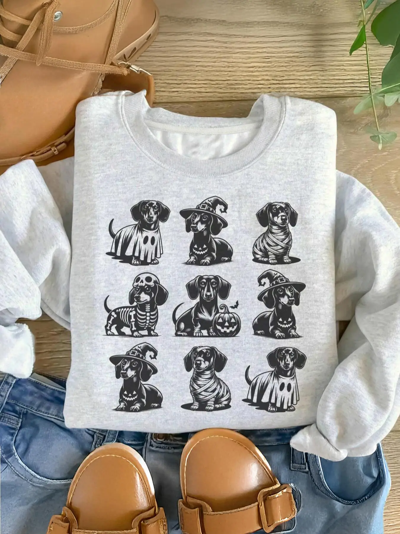 Women's Cartoon Dachshund Print Drop Shoulder Sweatshirt, Casual Long Sleeve Round Neck Pullover for Daily Wear, Ladies Fall & Winter Clothes