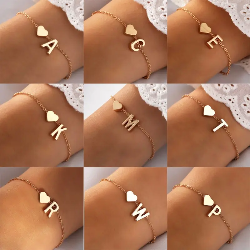 Alloy Heart-shaped English Letter Bracelet for Women's Fashion Temperament, Handmade Accessories, Birthday Party Gifts bracelet  stack