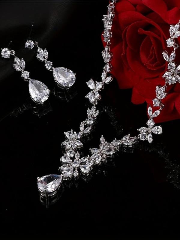 Elegant Water Drop Shaped Zircon Decorated Jewelry Set, Exquisite Trendy Necklace & Dangle Earrings, Chic Jewelry Set for Party & Wedding Decor 3