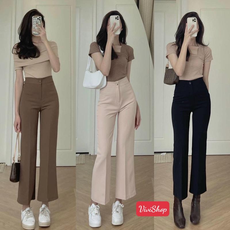 93cm QUẦN DÀI ỐNG ĐỨNG Ống Vẩy Loe nhẹ hack chân CHO NẤM LÙN trên Mét 48 dưới Mét 60 Pants Nữ Women Đen thun