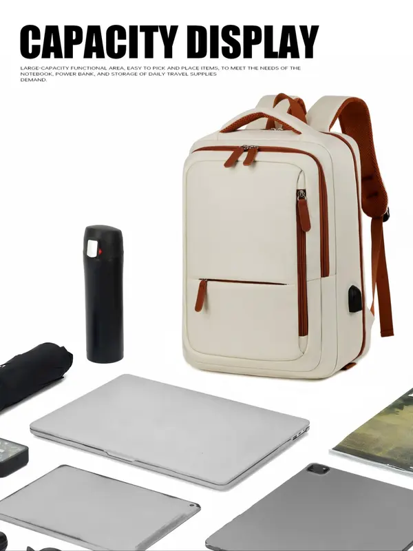 Large Capacity Laptop Backpack, Casual Solid Color Zipper Backpack with USB Port, Multi-functional Backpack for Travel & Business & School 6