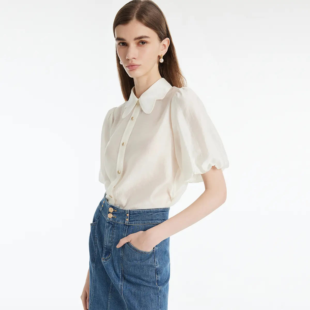 GOELIA Tencel Puff Sleeves Petal Collared Women Shirt Fit Top Blouse Womenswear Thin