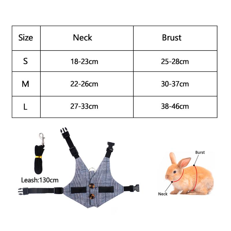 Product Introduction of Rabbits Suit Vest Small Pet Gray Plaid Harness Adjustable Breathable Rabbit Chest Strap Outdoor Pet Vest with Pulling Rope S/M/L 16