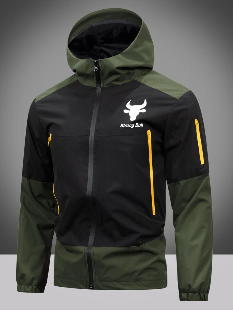 Product Introduction of Men's Colorblock Letter & Animal Print Zip Up Hooded Jacket, Casual Windproof Waterproof Long Sleeve Windbreaker Outerwear, Back To School Menswear, Designer Clothing, Spring & Fall Clothes, Tops Coats for School, Workwear Jacket 3