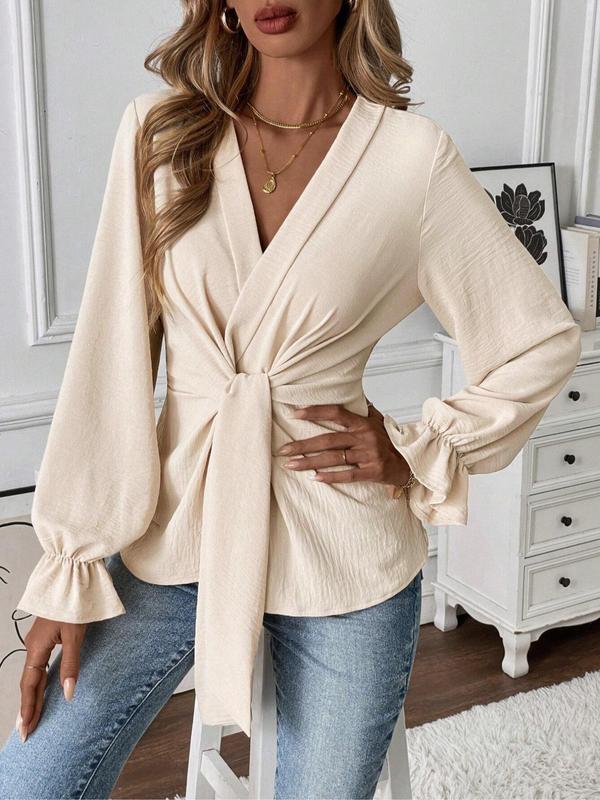 Women's Plain Open Front Blouse, Elegant Flounce Sleeve Tie Front Top for Work Office Business, Ladies Clothes for Fall & Winter 5