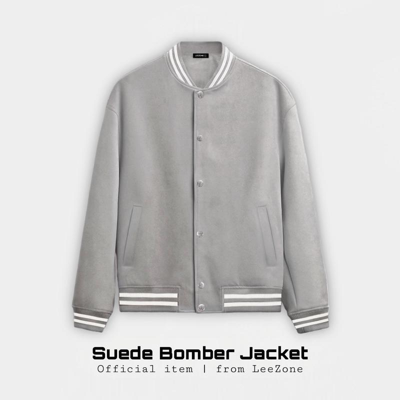 Áo Khoác Bomber Da Lộn Xám Nam Cao Cấp Lee Zone Cúc Kim Loại Menswear Tay Dài