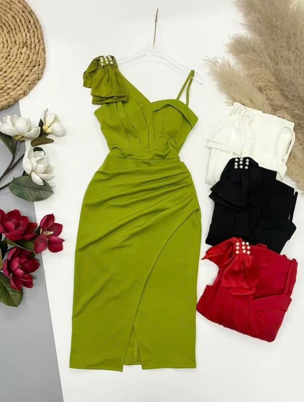 B15 Đầm Body Đi Tiệc Hai Dây Xẻ Tà Phối Nơ Vai Phong cách Sang Trọng. Nhung Voi