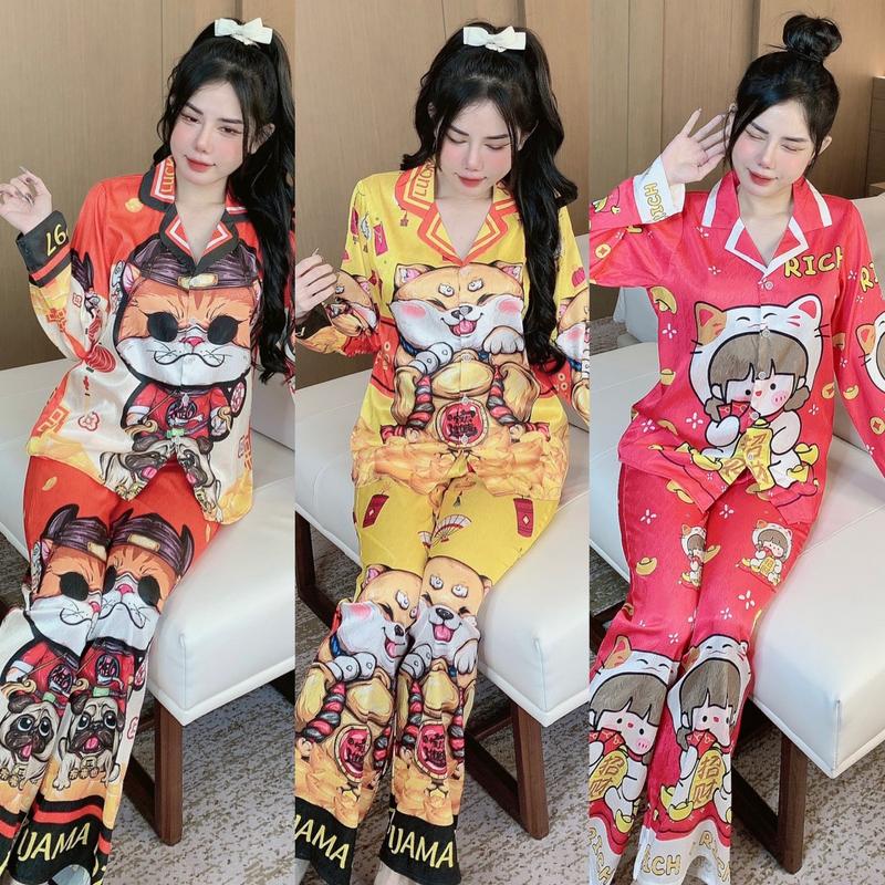  Đồ bộ tay dài lụa xước thiết kế mới dể thương  đồ bộ nữ mặc tết thoải mái  pijama nữ lụa mịn mát  size dưới 60kg  đồ bộ pizama tay dài 