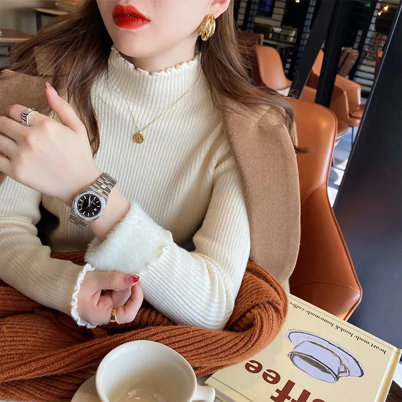 Áo Len Lót Lông Cừu, Một Lớp, Dày, Dành Cho Nữ, Cổ Lọ Nửa, Áo Len Mặc Trong, Hàng Mới Về Thu Đông 2024, Được Làm Bằng Vải Lót Lông Cừu Women