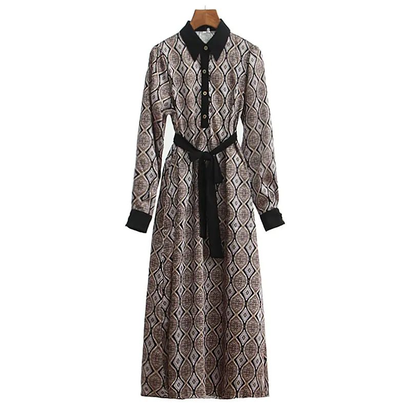 Lightly Mature Long Sleeve Lapel Print Dress Women's 2024 Autumn New Elegant Graceful Slim Mid-Length Dress
