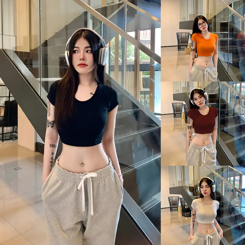 Cotton crew neck tops fashion short sleeves women solid color multiple color optionsfit shirt streetwear
