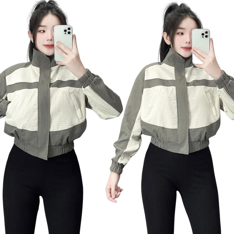 Áo khoác caro 2 da phối màu cổ trụ túi khóa kéo - Freesize 40-55kg - RTEE SHOP - Nữ Top Jacket Women Nâu 3