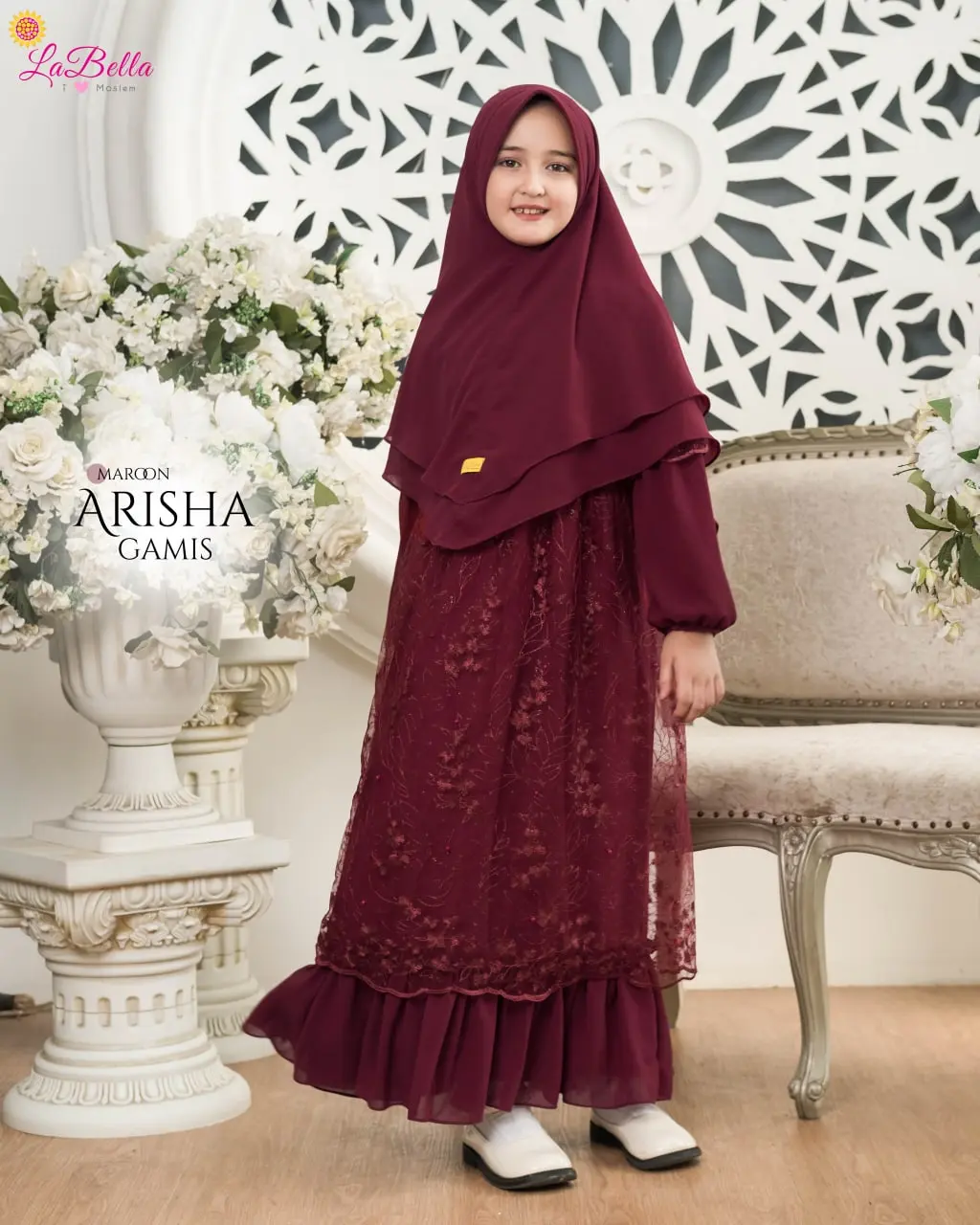 Gamis Anak Labella Arisha Brokat Kombinasi Elegan Simple Warna Hitam Maroon Pink Purple Cantik Jilbab Muslim Dress Mewah Syari Motif Baju Wanita Remaja