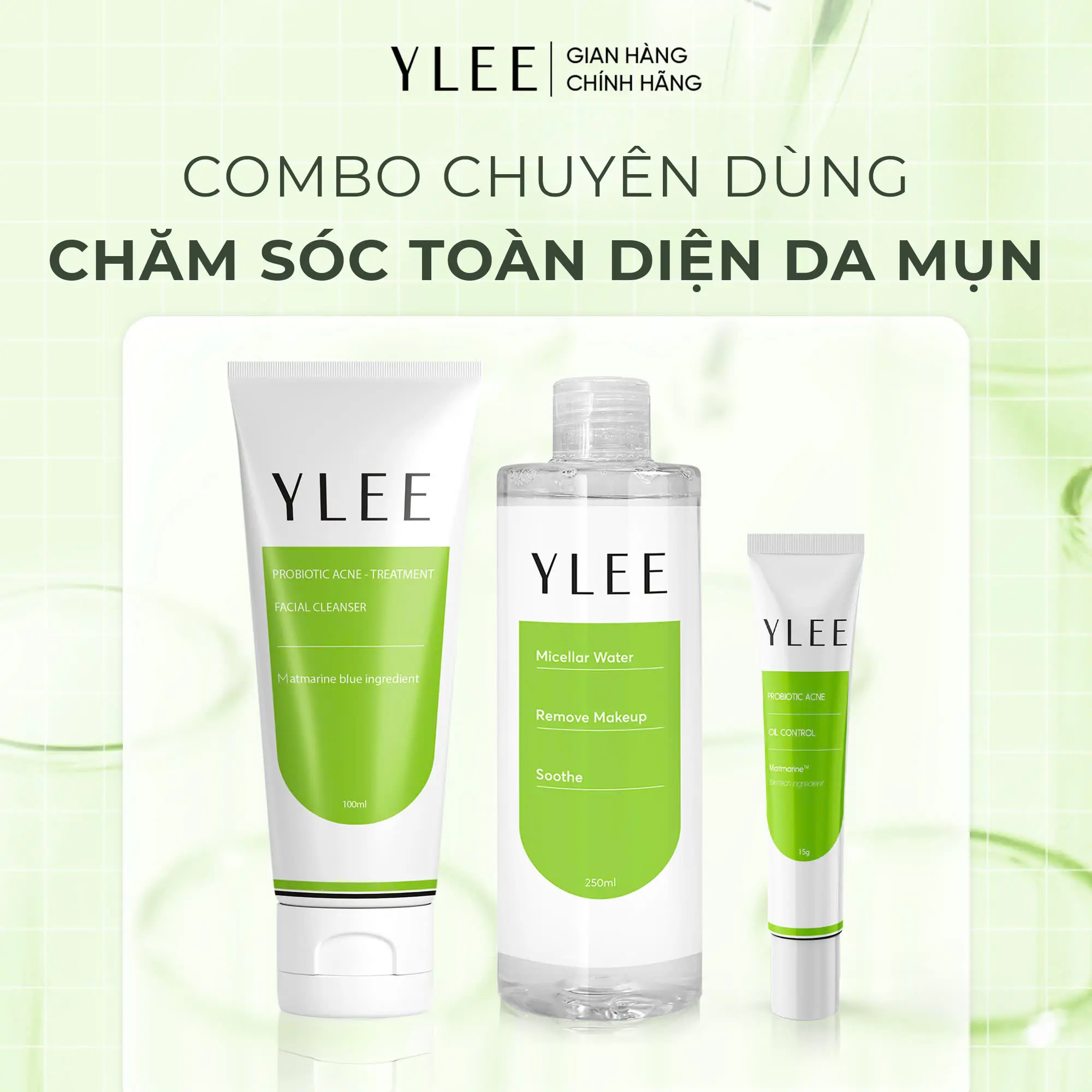 [COMBO 3] Combo Trị Mụn Toàn Diện - Sữa Rửa Mặt, Gel Bôi Mụn và Nước Tẩy Trang YLEE