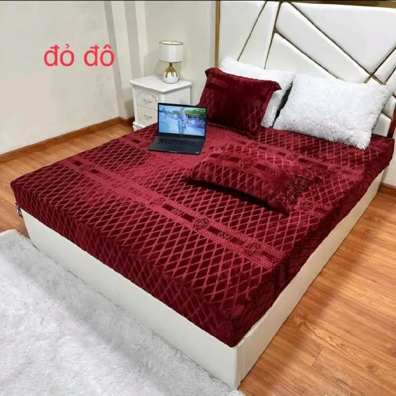 Bộ ga bọc chun coco gồm 1 ga giường+2 vỏ gối lỉ nhung sữa mềm mịn nhập khẩu 4