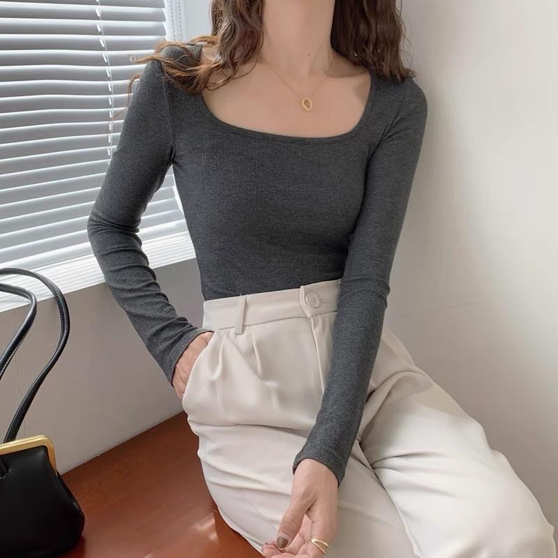 Áo thun len dài tay cổ vuông vải thun dáng ôm body Cherry House Nữ Kem Xanh Women Top