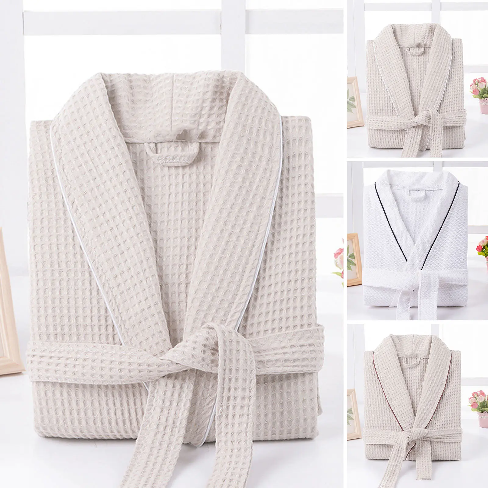 Unisex Nightgown V Neck Lace-up Waist Loose Long Sleeve Pockets Solid Color Sleepwear Spring Towel Bathrobe Hotel Dressing Gown Beauty Parlor Soft Shower Gown
