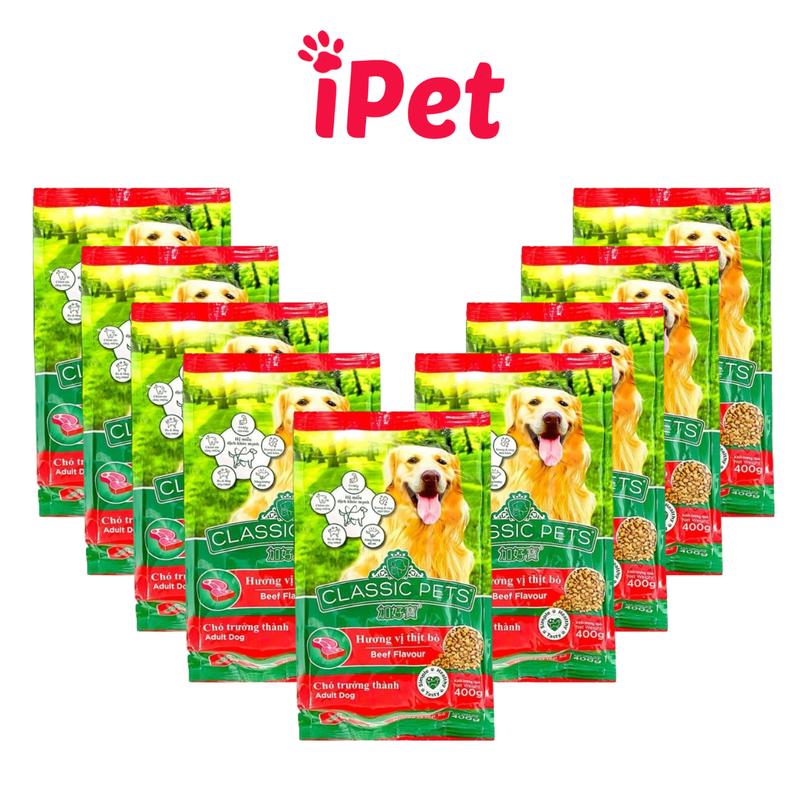 COMBO 10 GÓI Thức Ăn Cho Chó Lớn Đồ Ăn Hạt Khô Classic Adult Vị Thịt Bò 400g - iPet Shop