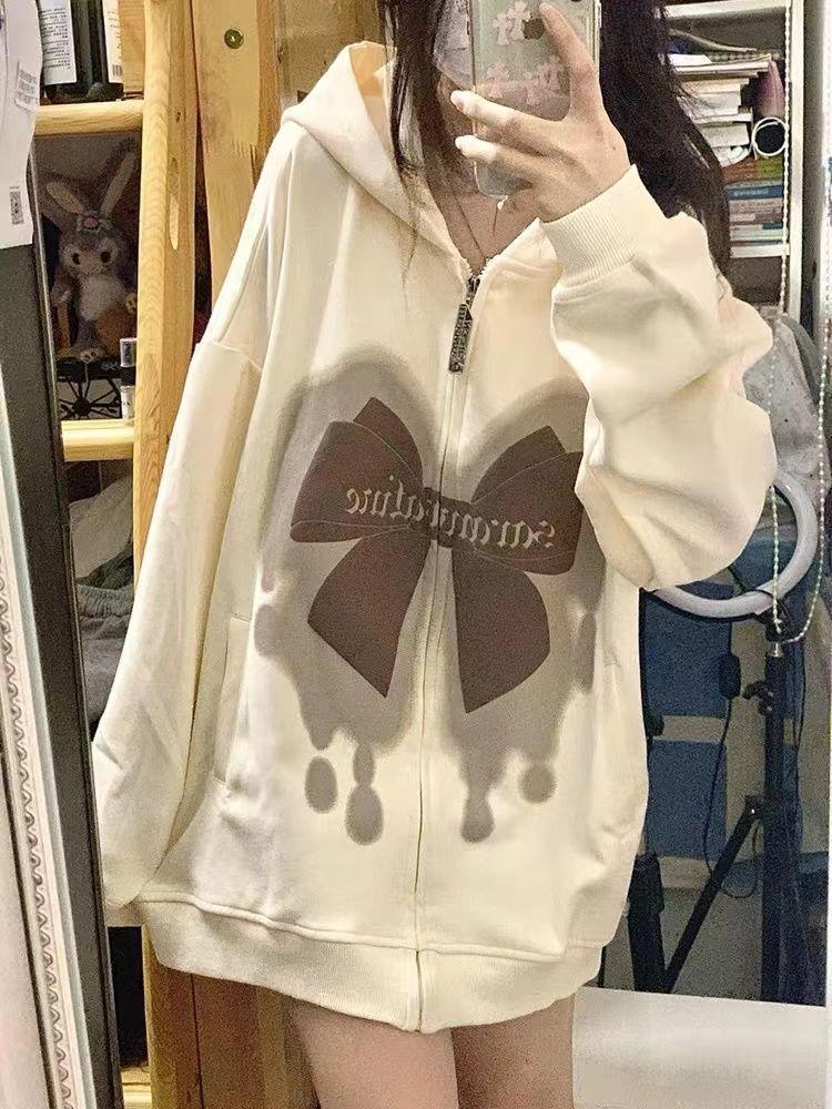 Product Introduction of Áo Len Cardigan Có Mũ Trùm Đầu Màu Mơ Cổ Điển, In Nơ, Dành Cho Nữ, Thích Hợp Cho Mùa Xuân Và Mùa Thu, Lông Cừu, Mỏng Và Rộng, Áo Khoác Có Khóa Kéo, Năm 2024 10