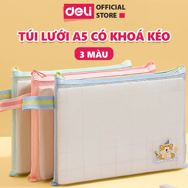 Túi đựng bút lưới bóp viết lưới Pastel trong suốt Deli kích thước A5 hộp bút chống thấm nước, sức chứa lớn cho học sinh 0