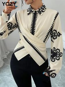 YOZY Women's All Over Print Tie Back Blouse, Elegant Long Sleeve Collared Top for Daily Wear, Ladies Clothes for All Seasons