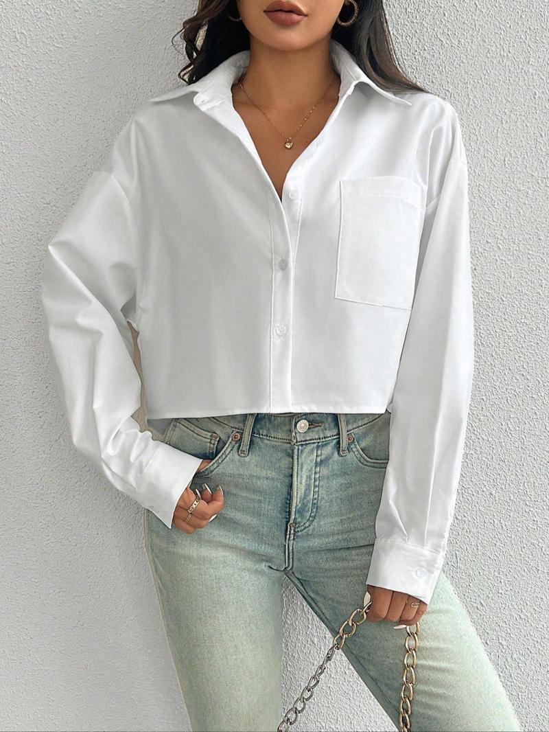 Product Introduction of Women's Plain Pocket Long Sleeve Shirt, Casual Classy Collared Top for Daily Wear, Ladies Clothes for All Seasons 4