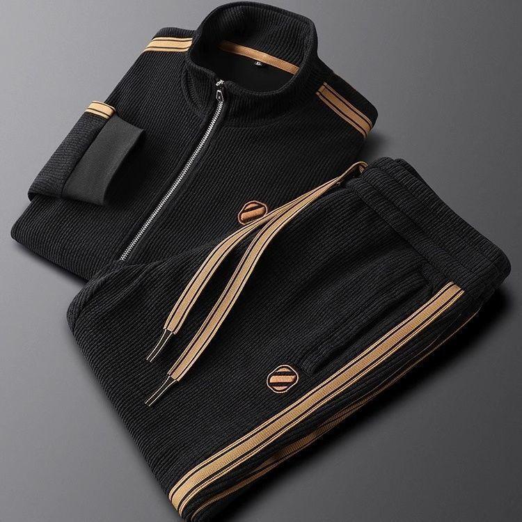 Product Introduction of Light Luxury Autumn Winter Warm Solid Color Casual Sports Suit Slim Fit Trendy Jacket Men's Straight Striped Two-piece Footwear 19