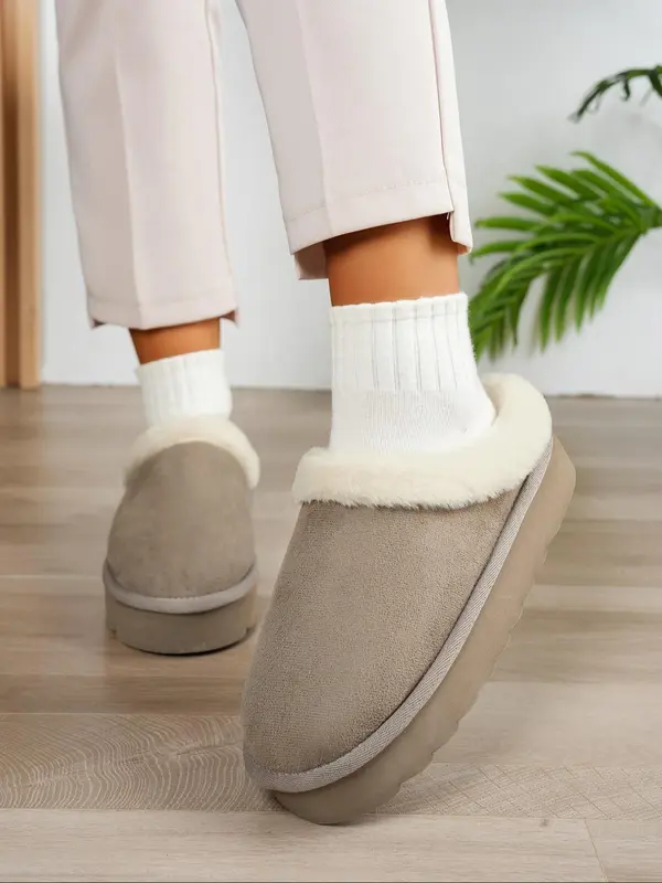 Solid Color Plush Platform Slide Slippers, 2024 Soft Fluffy Thick Soled Bedroom Slippers, Warm Matching Home Slippers Footwear for Girl, Comfort Walking Shoes 0