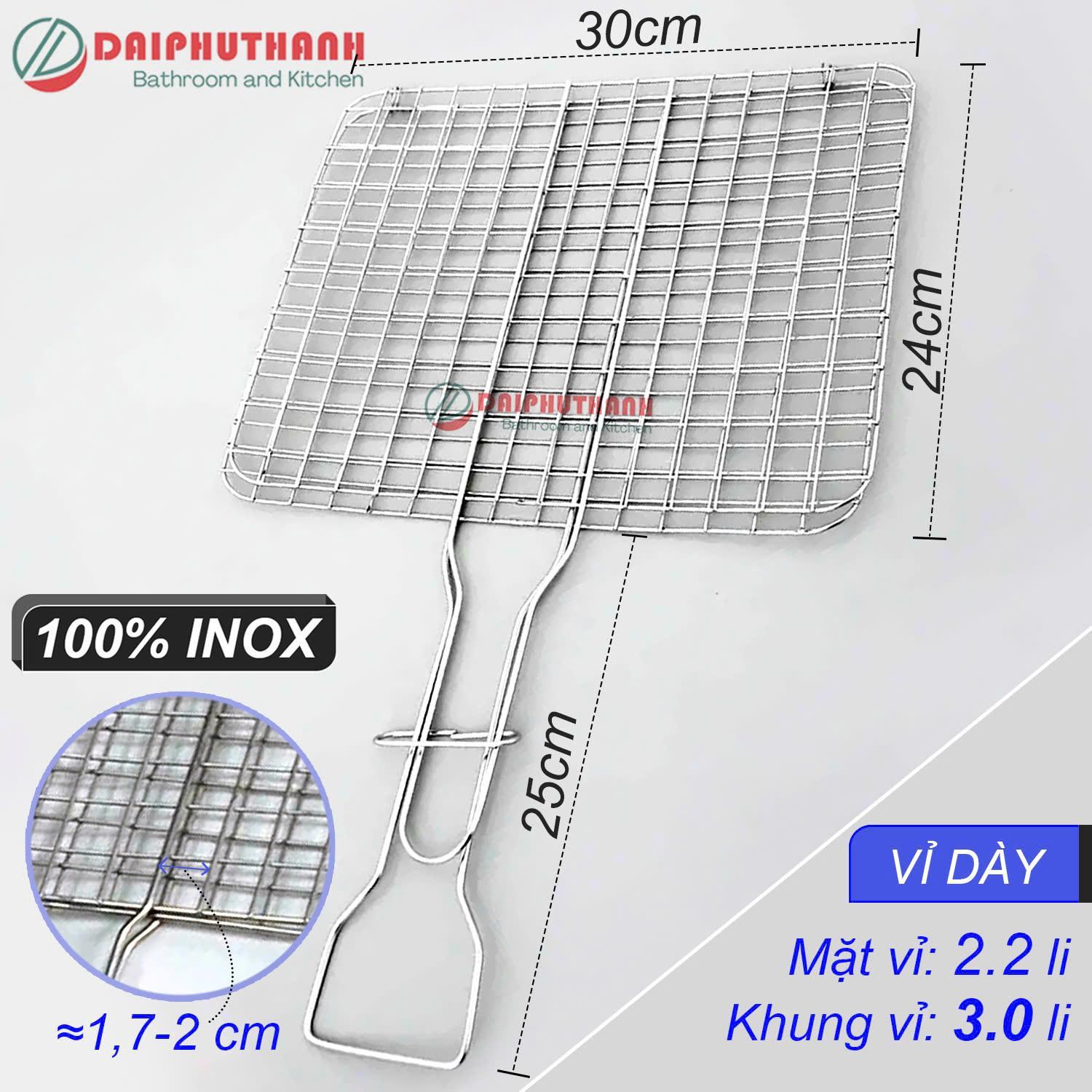 Vỉ Nướng Kẹp Inox Vỉ Nướng Thịt Cá - Độ dày 2 đến 3 li, mặt vỉ 30x24cm đan ca rô dày dặn