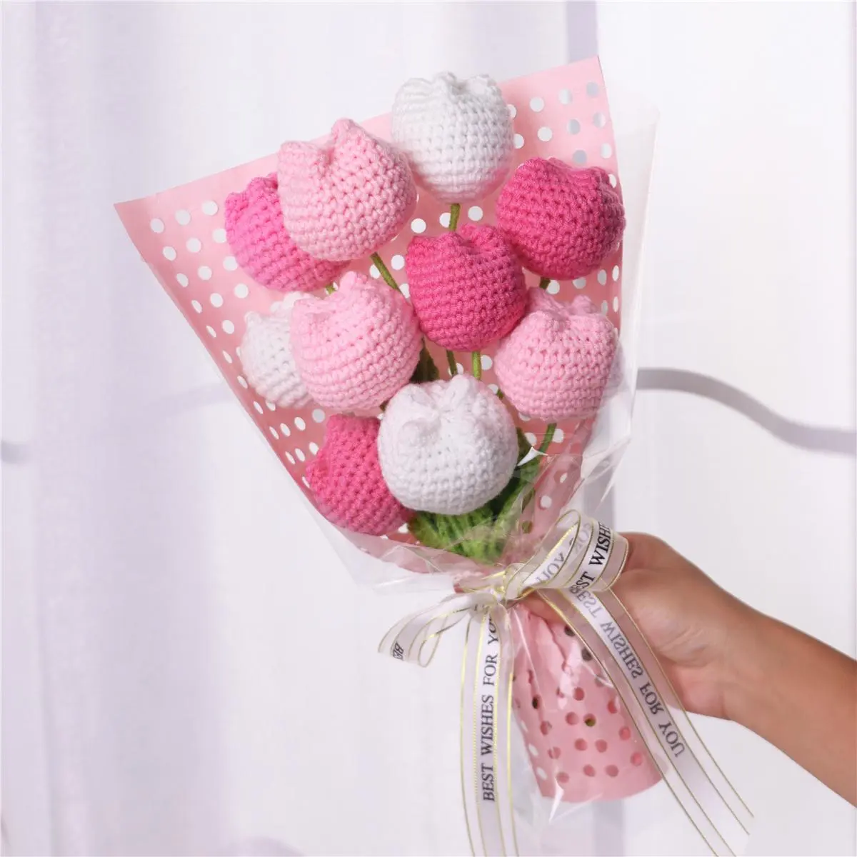 Handmade Crochet Bouquet, 1 Count Artificial Tulip Bouquet, Fake Flower Bouquet, Decorative Flowers for Home Party Wedding Anniversary Festival, Valentine's Day Gift Idea