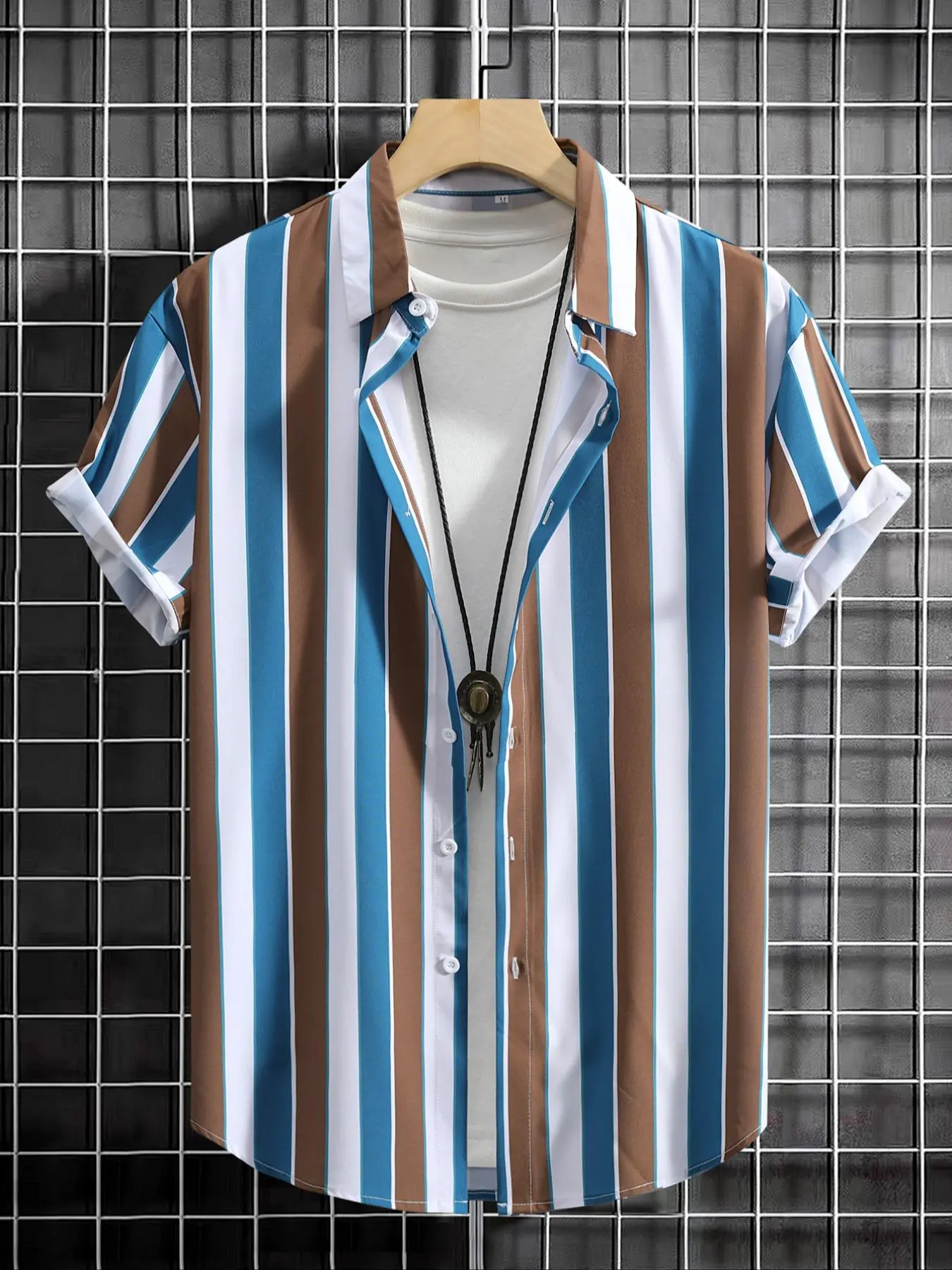 Men's Striped Print Short Sleeve Shirt, Casual Comfy Breathable Top for Summer, Men's Clothes for Beach Vacation