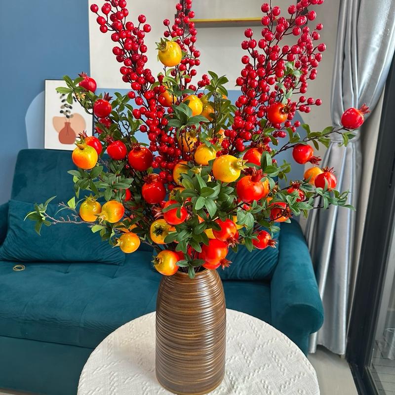 Cành lựu trang trí 7 quả to, lựu phú quý trang trí nhà cửa mix kèm đào đông trang trí tết