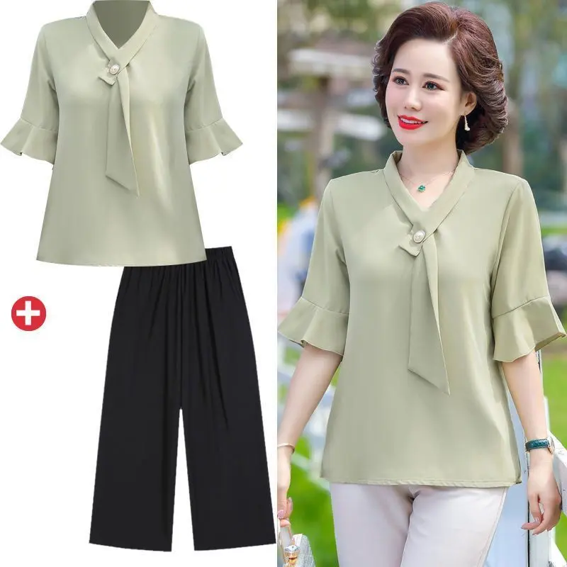 Áo Ngắn Tay Thời Trang Cho Mẹ, Áo Voan Thanh Lịch Cho Phụ Nữ Trung Niên, Bộ Đồ Áo Sơ Mi Nhỏ, Mùa Hè, Mới 2022