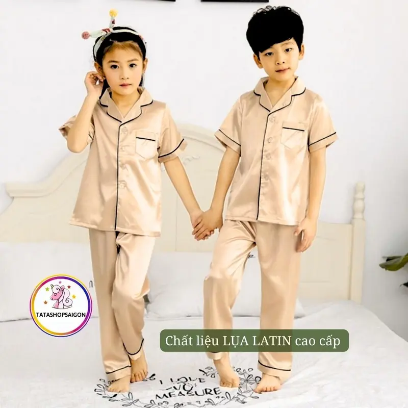 11-40kg Bộ pijama lụa tay ngắn quần dài bé trai bé gái mặc đẹp cao cấp 083 3