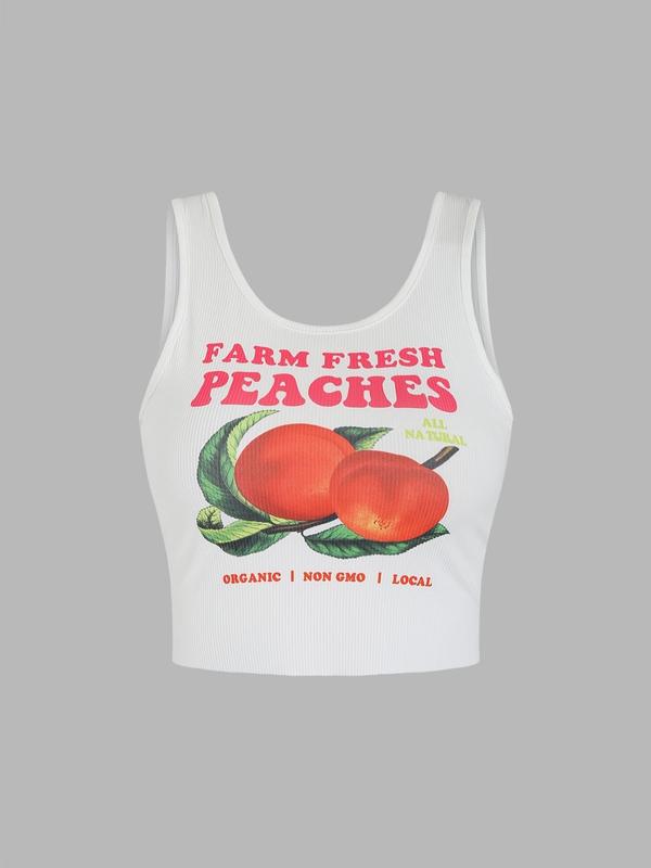 Women's Peach Print Scoop Neck Crop Vest Top, Casual Sleeveless Ribbed Top for Summer, Ladies Clothes for Daily Wear, Women's Tops 2