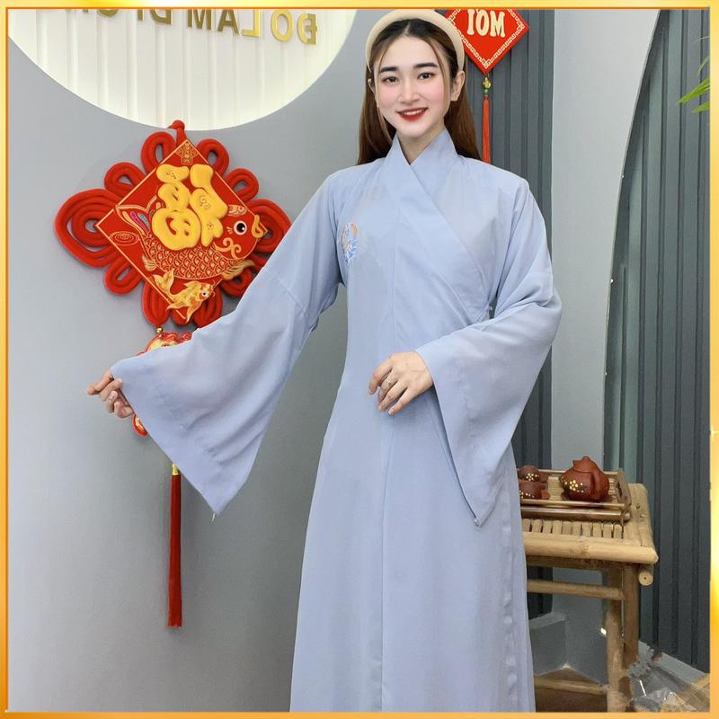 Áo Tràng Hoàng Pháp Vải Silk Tuyết Lam, Liền Thân Dài Không Xẻ Tà, Tay Áo Rộng, Cổ Vạt Chéo, Thêu Hoa Sen, Áo Đi Lễ Trang Nghiêm Cho Phật Tử Nam Nữ Đi Chùa - ATHP Top Voi Women Dress