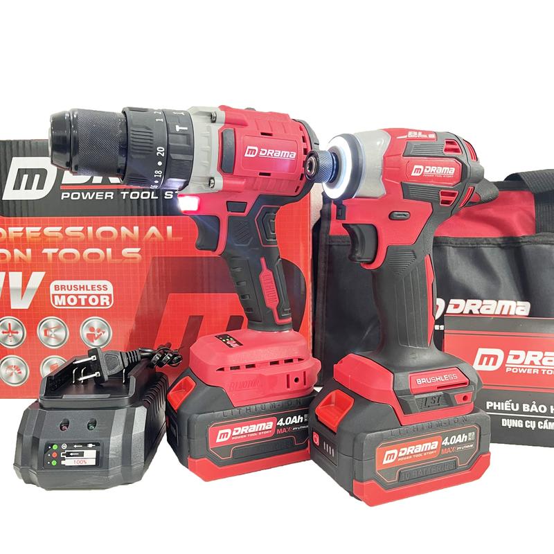 COMBO Máy Khoan Pin 3 Chức Năng DRAMA 5213 13MM - Chuyên Vít Đỏ DRAMA 5668 4 cấp tốc Độ 2 đèn Không Chổi Than 2 MÁY 2PIN 1 SẠC 1 TÚI ĐỰNG