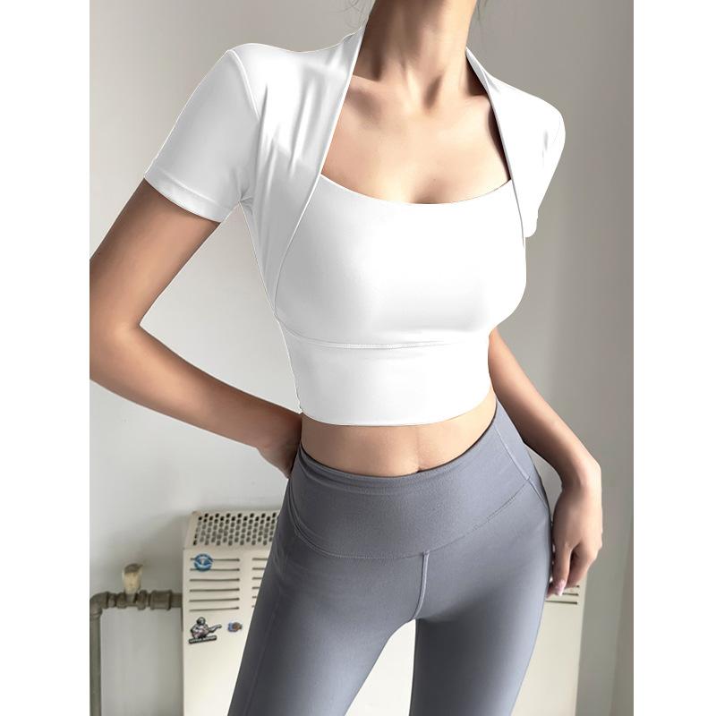 Áo Khoác Tập Yoga, Giả Hai Mảnh, Dành Cho Nữ, Có Đệm Ngực Có Thể Tháo Rời Thích Hợp Để Chạy Và Thể Dục, Mỏng Vừa Vặn, Áo Thun Tập Luyện ngắn Tay 5