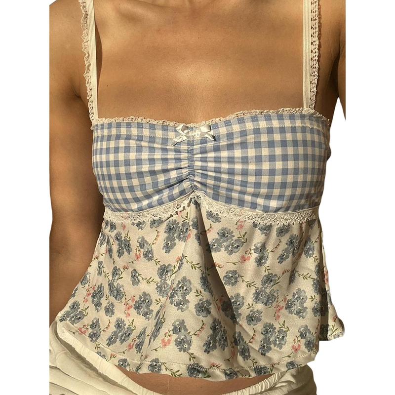 coat, Women Plaid Floral Print Camisoles Lace Trim Sleeveless Sling Tank Tops Summer Slim Fit Vests Crop Tops Streetwear 7