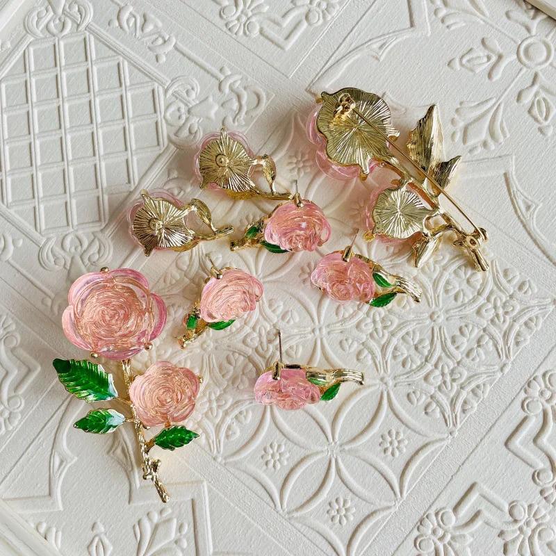 Vintage Rose Flower Brooch, Silver Needle Earrings, Enamel Drops, Green Leaves, Women's Ice Crystal, Powdery Feeling Brooch 1