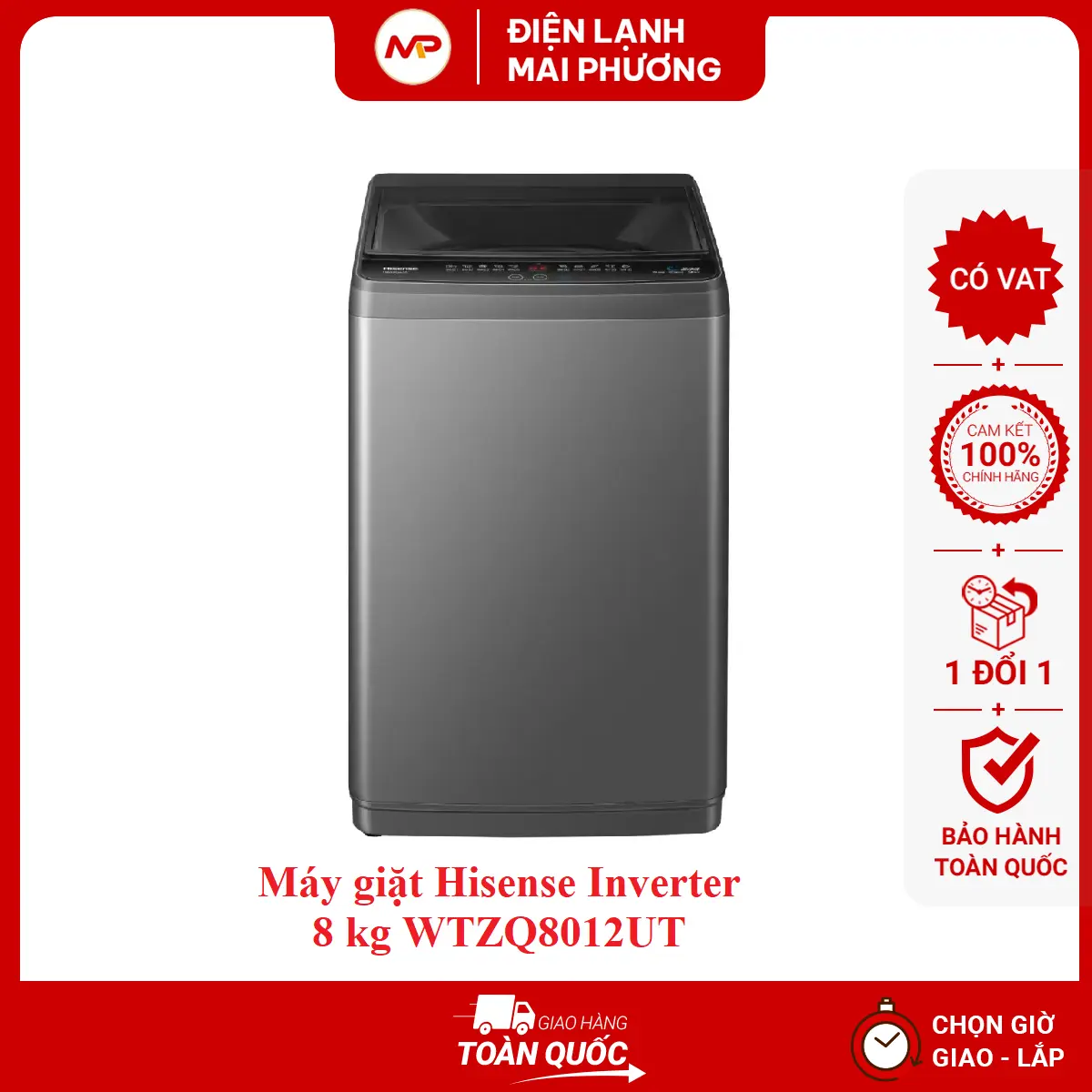[SHIP HỎA TỐC HN]Máy giặt cửa trên Hisense 8kg WTZQ8012UT - Bảo hành 2 năm chính hãng
